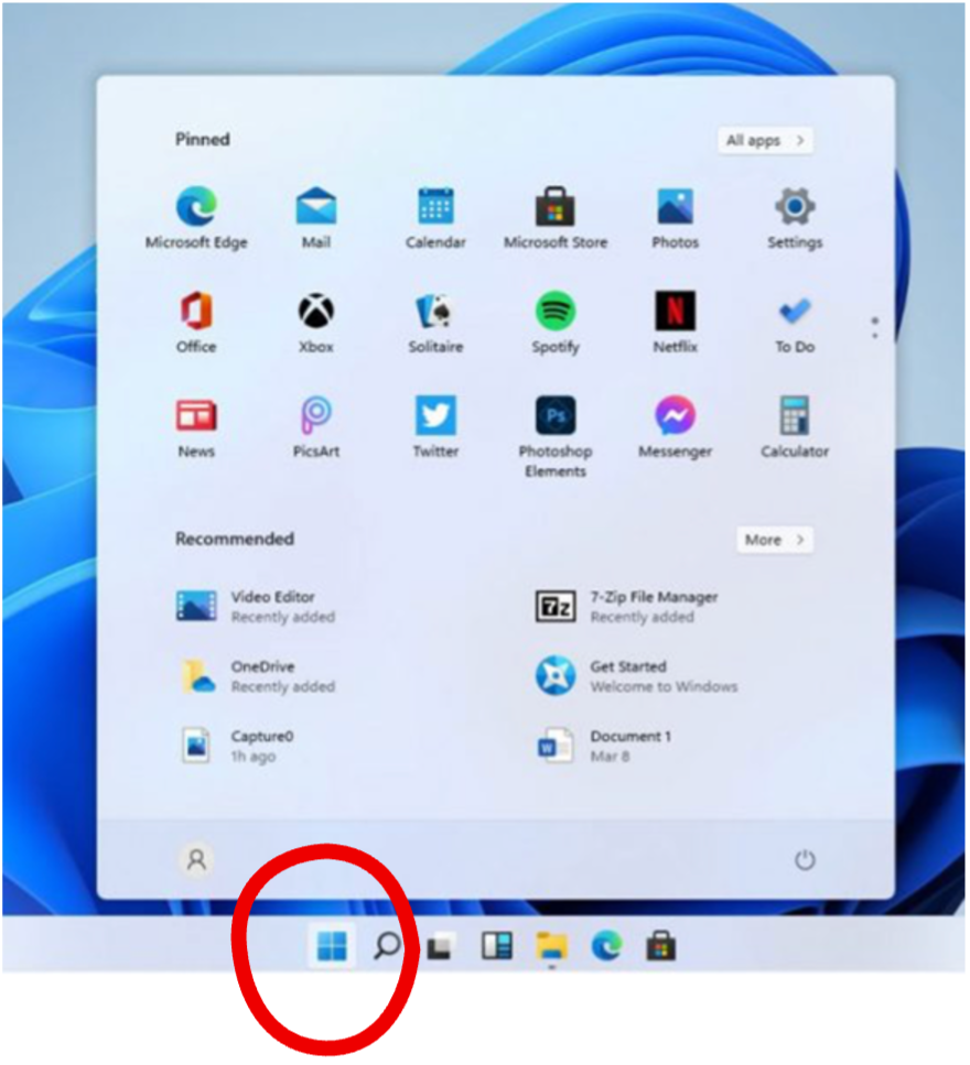Le menu Démarrer de Windows ouvert